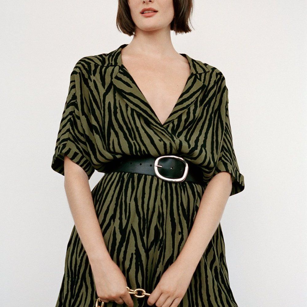 ZARA Animal Print Playsuit in Green (XS)
